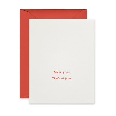 Peach foil letterpress greeting card by beknown. Miss you. That's all folks.